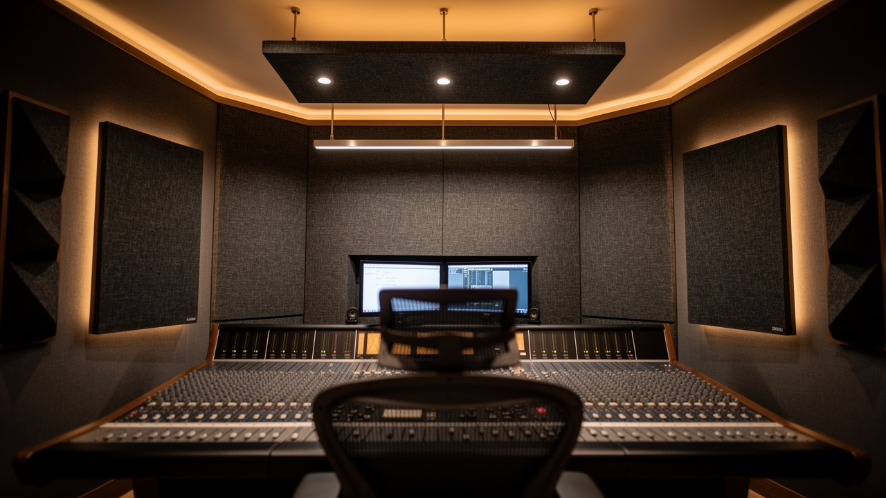 Recording studio showing fiberglass panels at reflection points and corner bass traps
