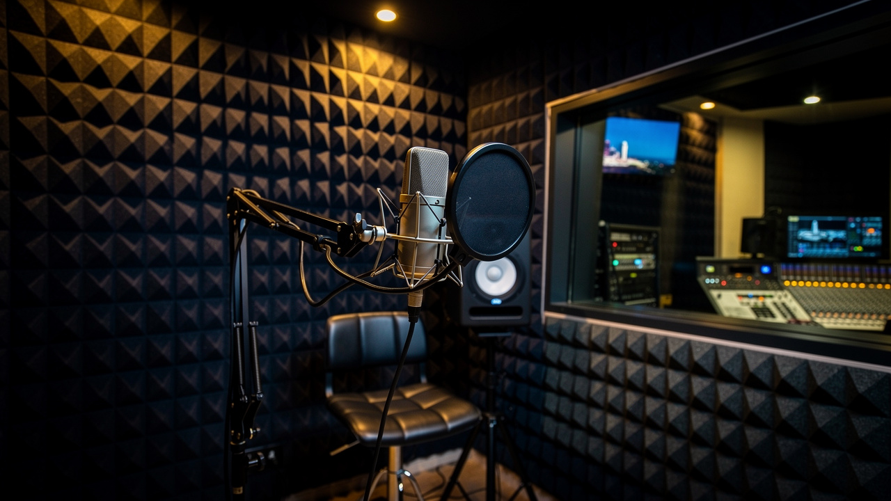 Recording studio walls treated with PET acoustic panels for sound control