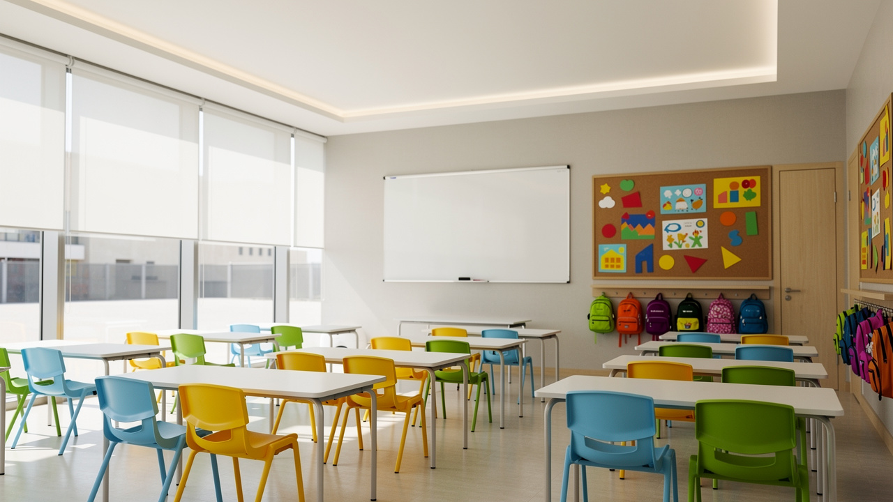 Bright UAE school classroom with acoustic stretch ceiling for speech clarity
