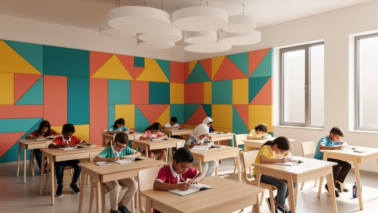 Colorful PET acoustic panels in a GCC school classroom setting