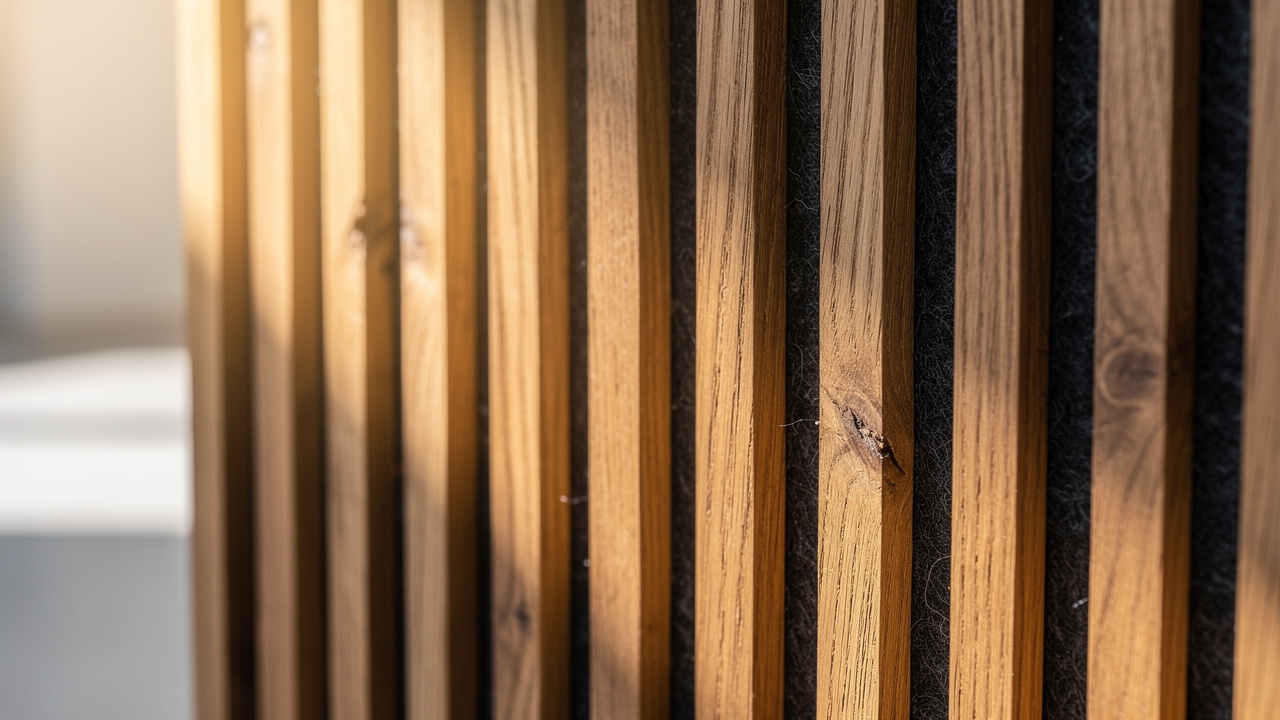 Close-up of slatted wooden acoustic panel showing timber grain detail