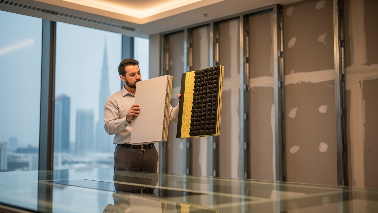 Acoustic engineer comparing sound insulation and absorption wall samples