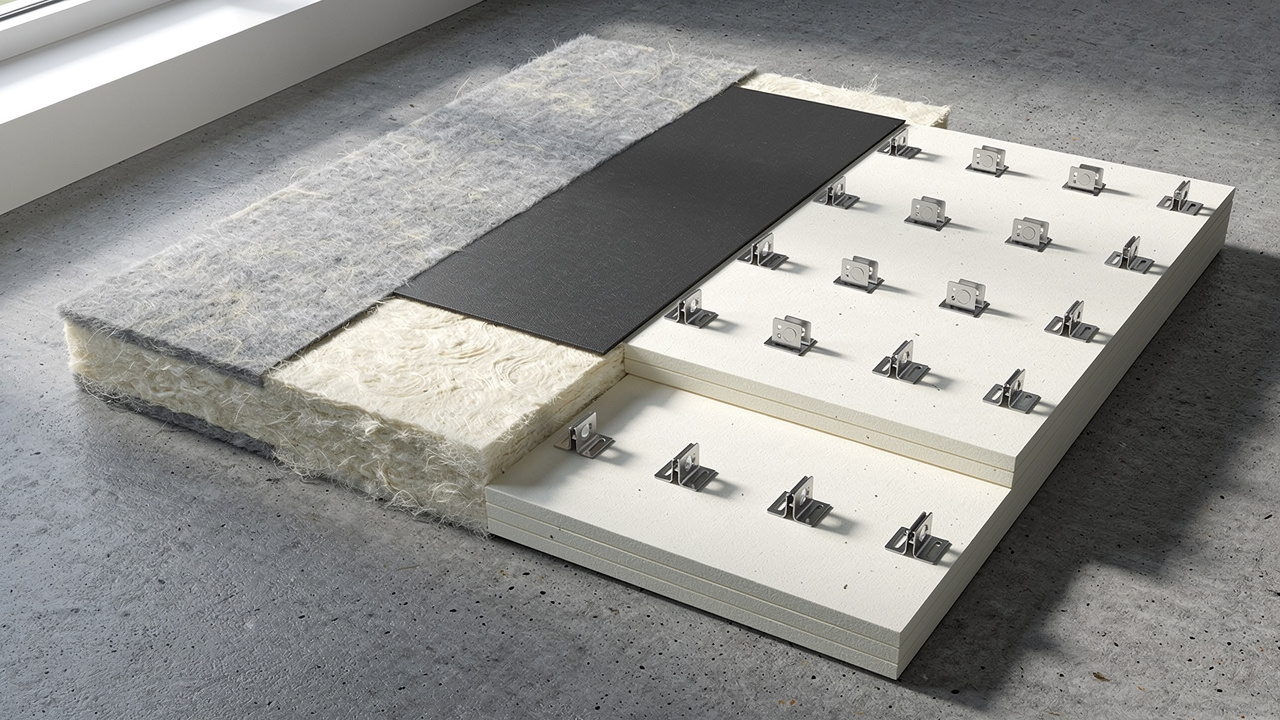 Cross-section of soundproofing wall assembly showing material layers