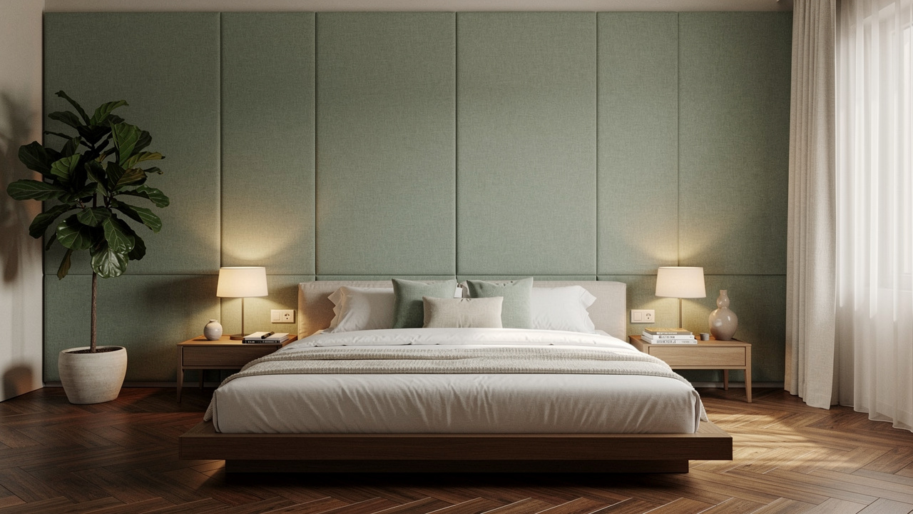 Soft fabric acoustic panels covering a bedroom wall in Africa