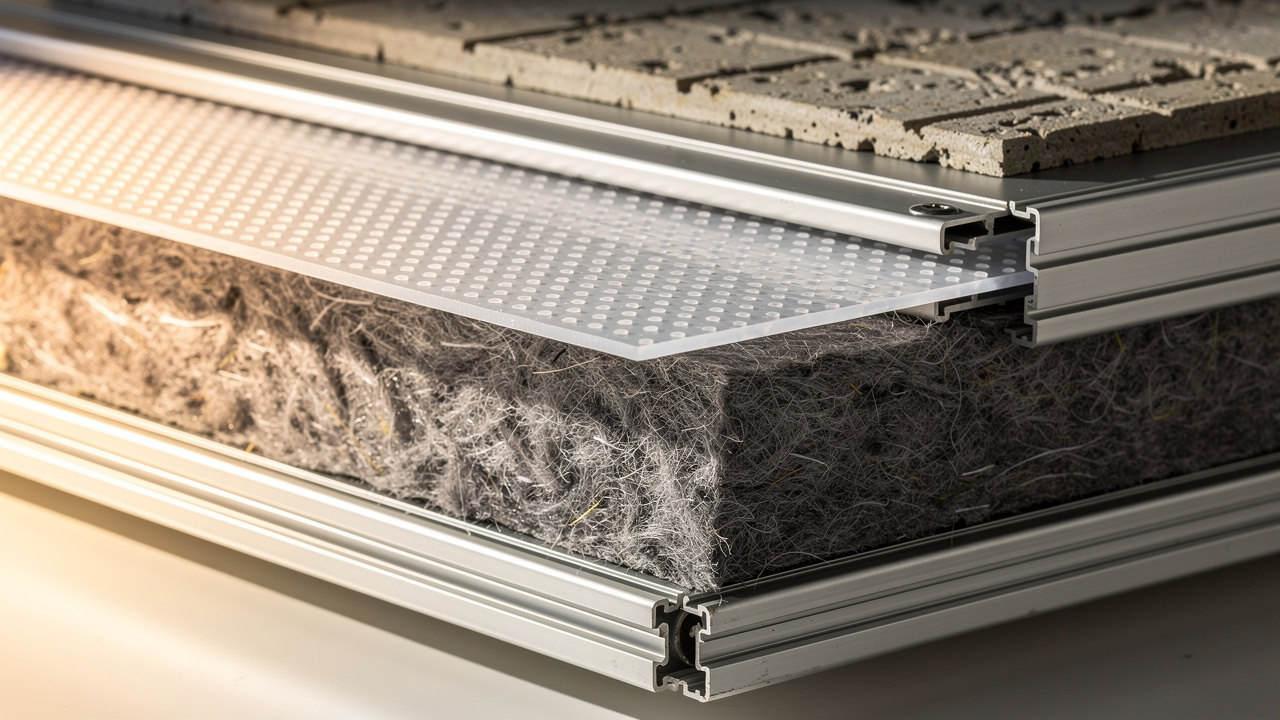 Cross-section of stretch ceiling acoustic panel showing membrane and mineral wool