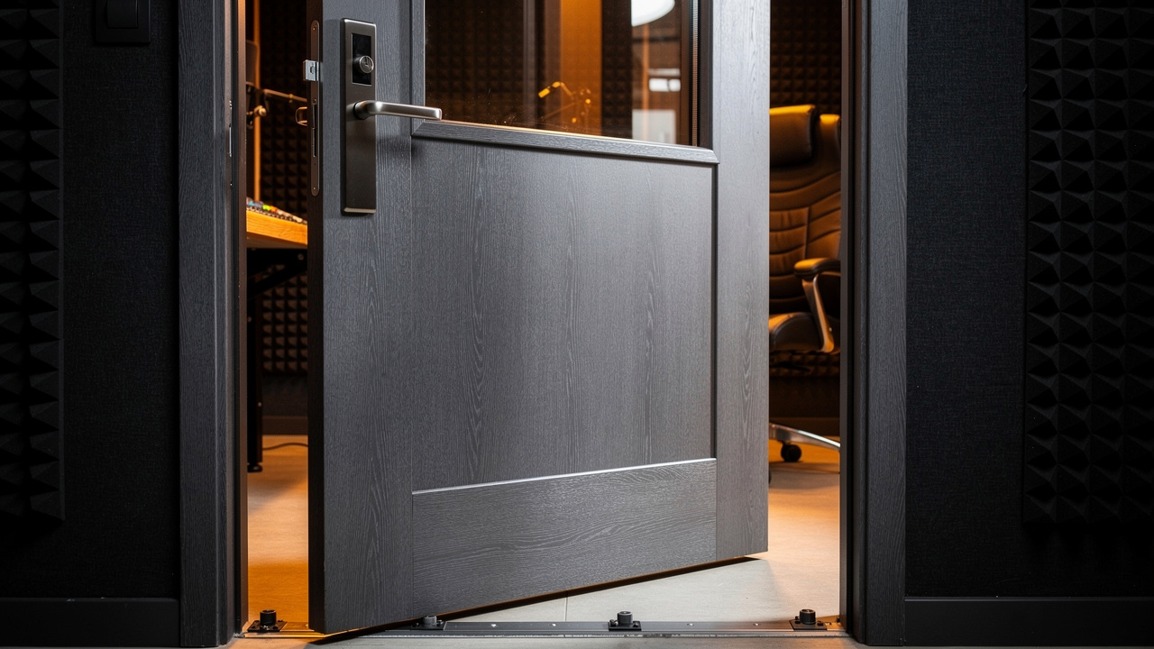 Heavy wooden acoustic door in an African recording studio