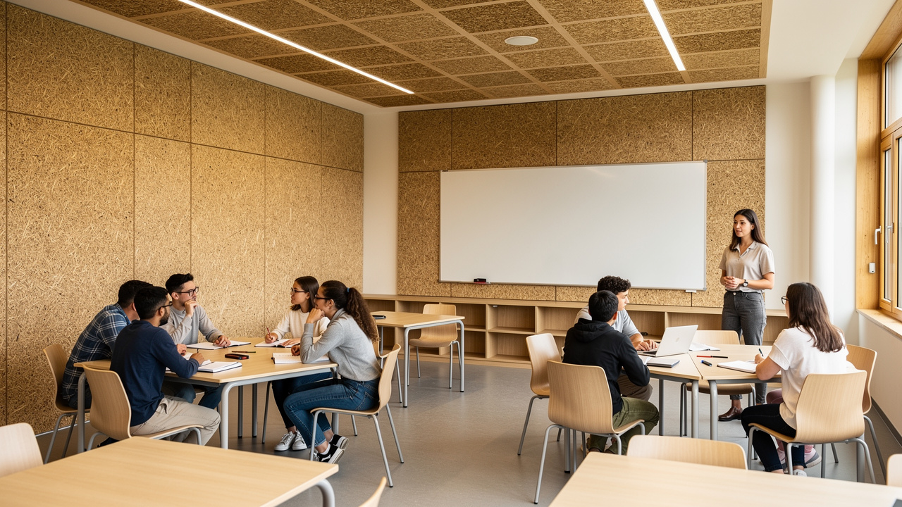 Students learning clearly in acoustically treated classroom