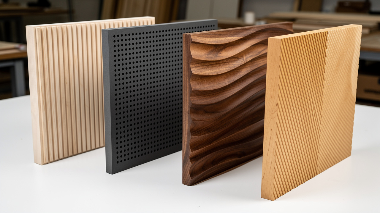 Four types of wooden acoustic panels side by side comparison