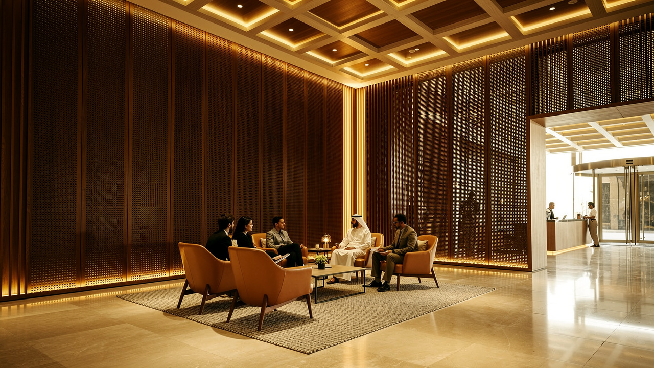 Wood acoustic panels in a luxury GCC hotel lobby