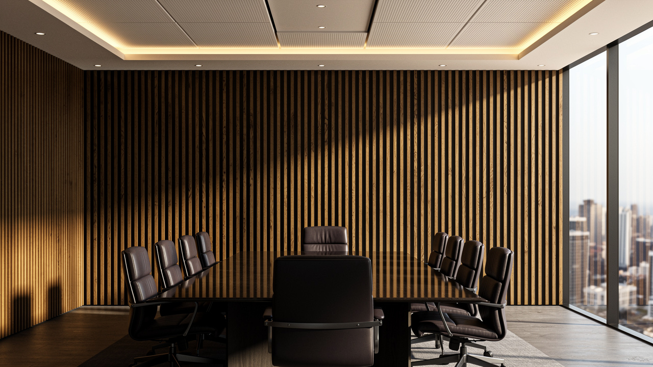 Slatted wood acoustic panels in African executive boardroom