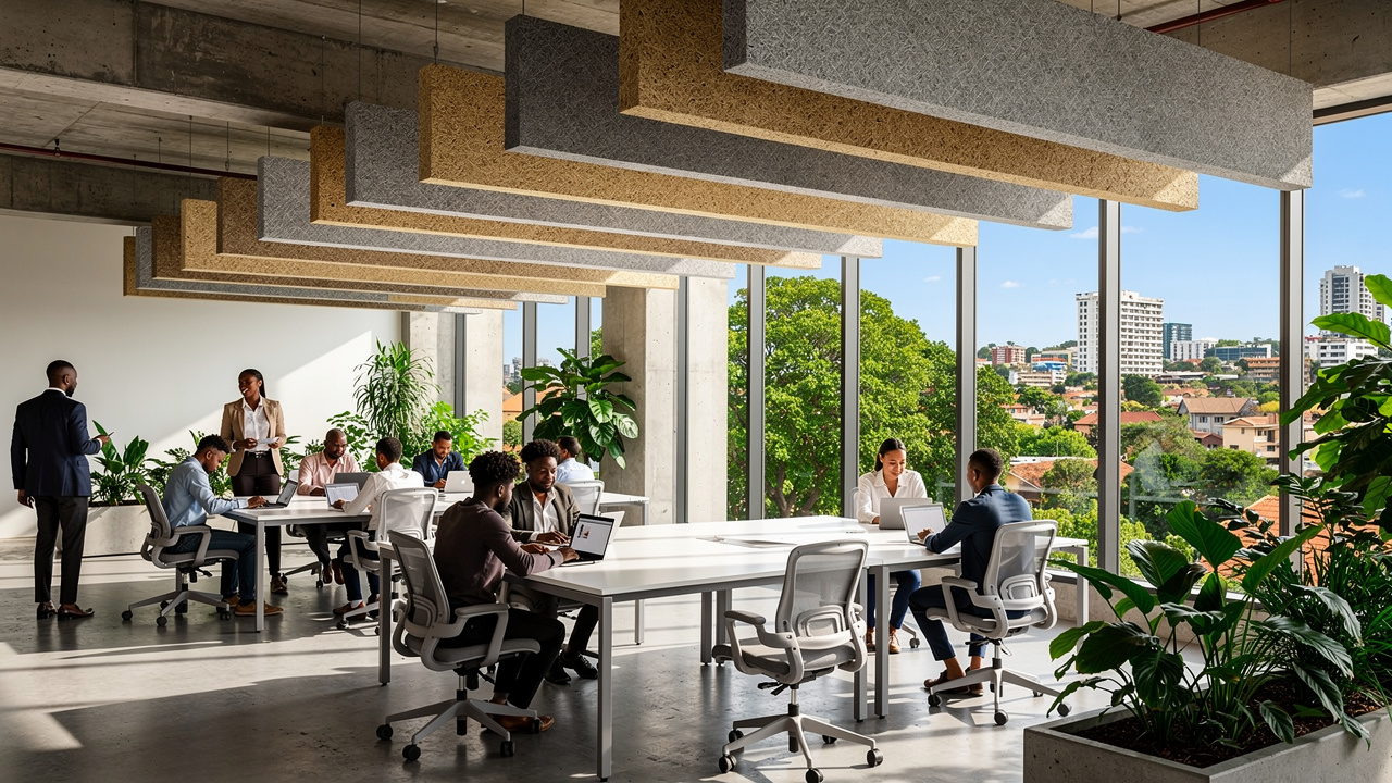 Suspended wood wool acoustic baffles in open-plan African office