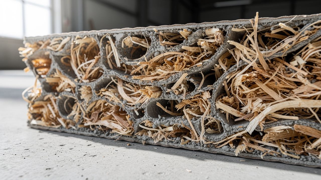 Cross-section of wood wool panel showing mineral cement bound fibers