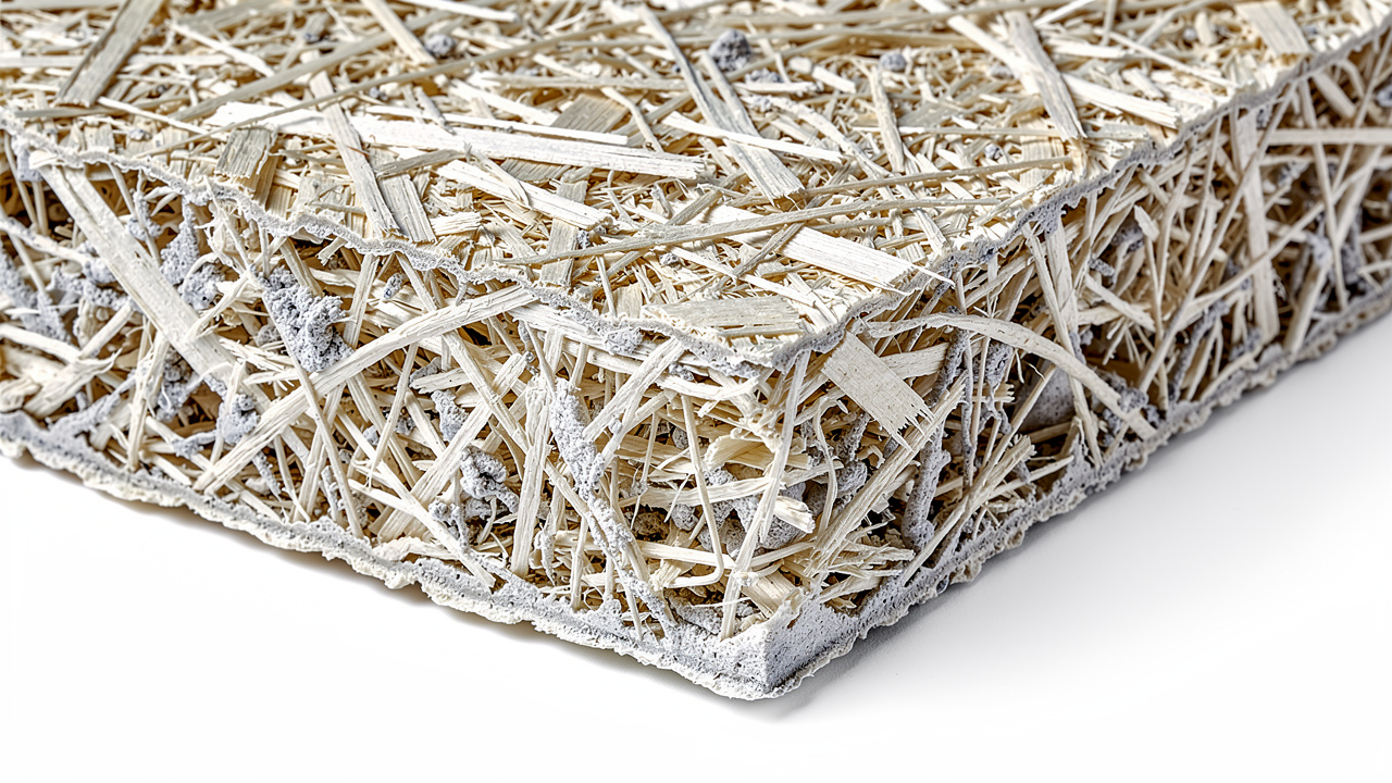 Close-up cross-section showing wood wool panel mineral-bound fiber structure
