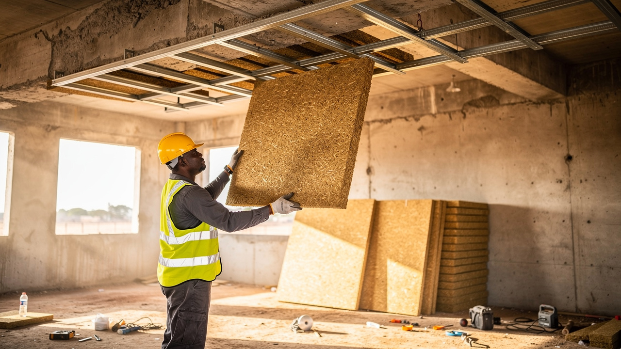 Worker installing wood wool acoustic panels on construction site