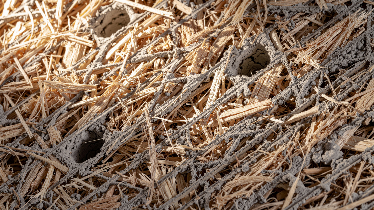 Close-up texture of wood wool acoustic panel fibers