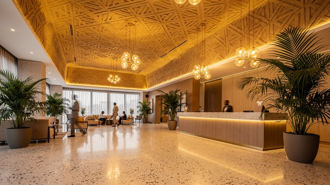 Elegant hotel lobby with wood wool acoustic ceiling panels