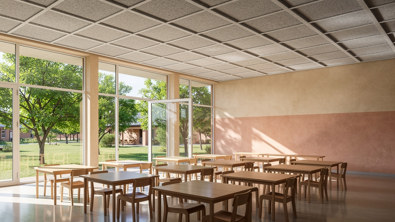 Wood wool ceiling panels installed in African school classroom