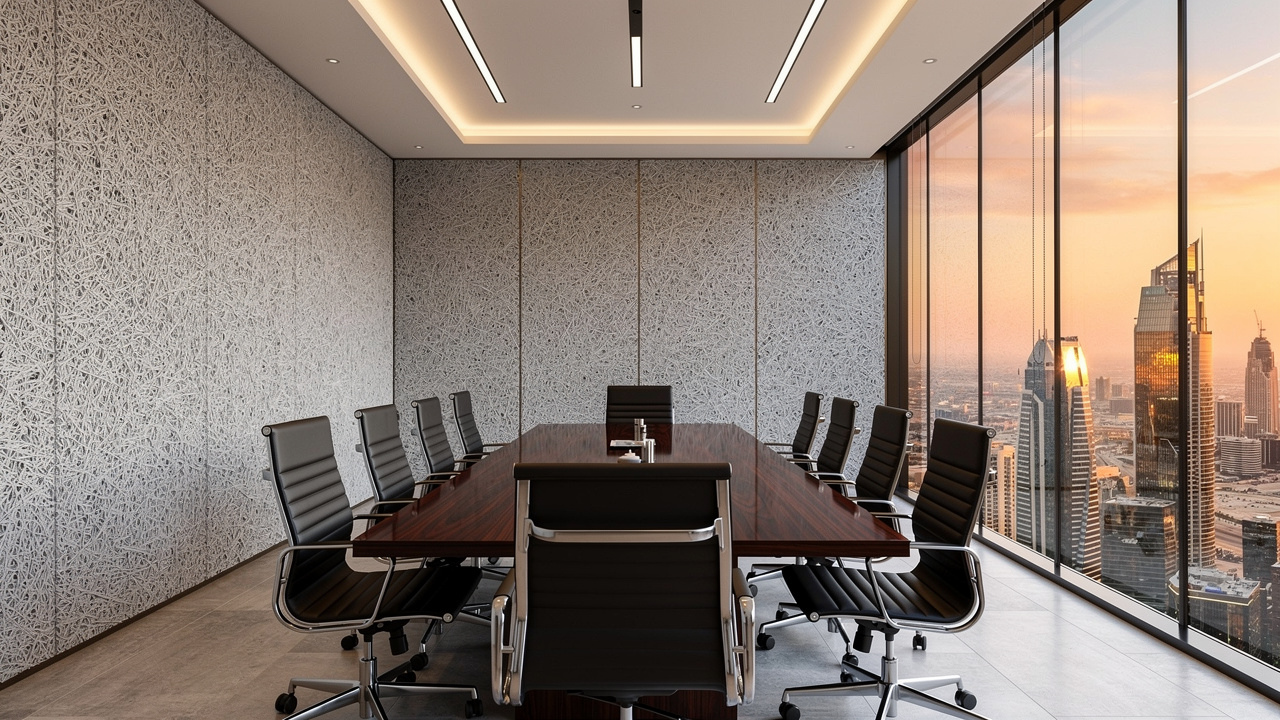 Modern Dubai boardroom with wood wool acoustic ceiling and wall panels