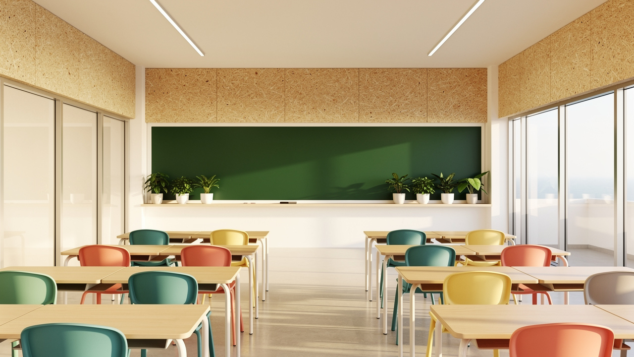 Bright school classroom in Sharjah featuring wood wool wall acoustic panels