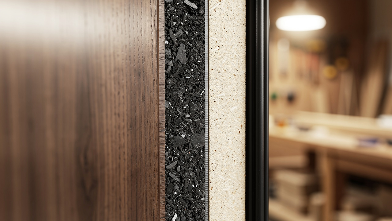 Cross-section of wooden acoustic door showing layered core materials