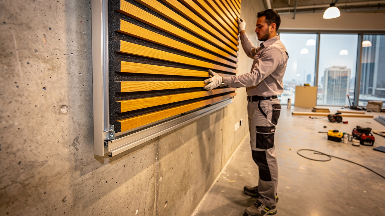 Professional installing wooden acoustic panel with concealed clip system